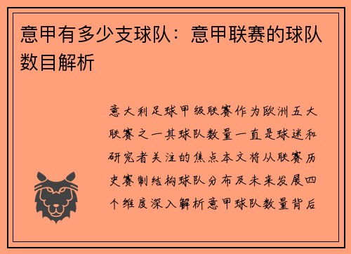 意甲有多少支球队：意甲联赛的球队数目解析